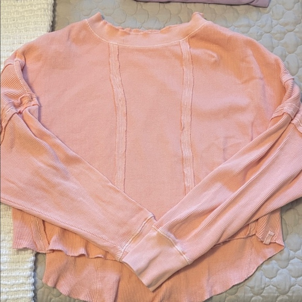 Women's Pale Orange Long  Sleeve Waffle Top